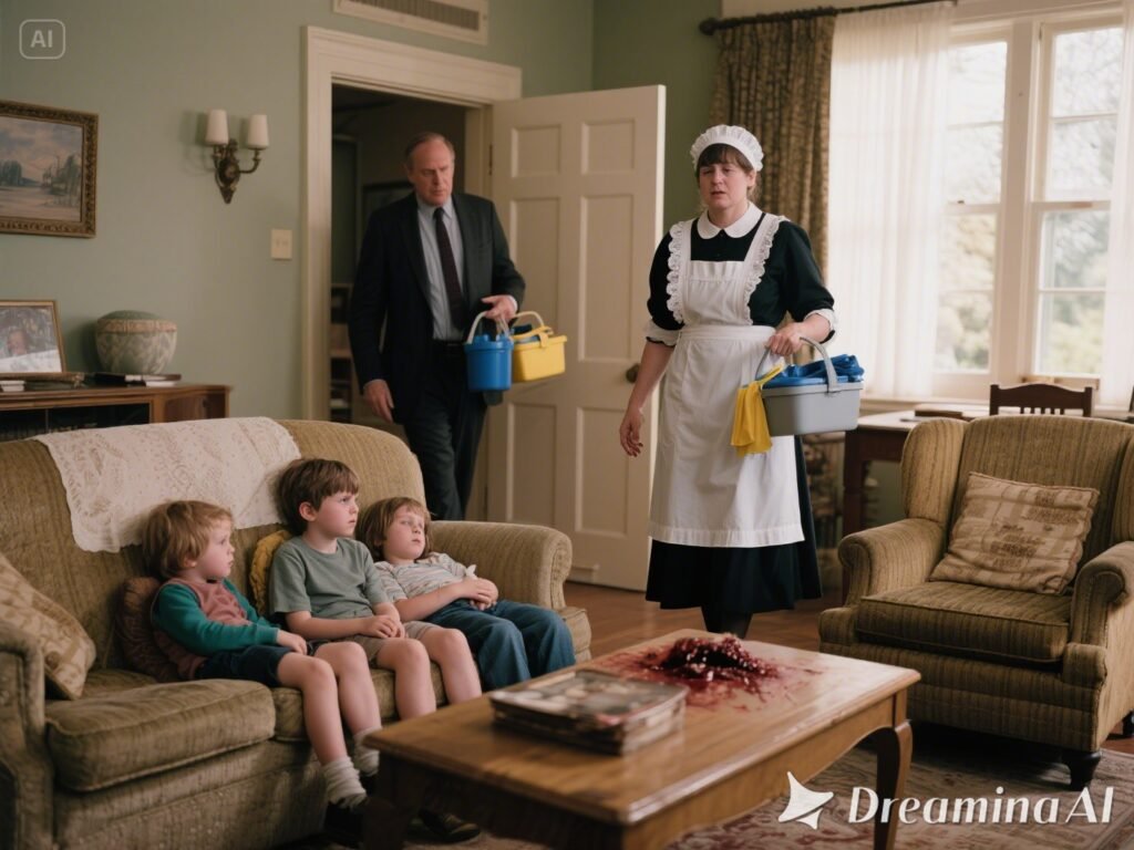 Niños sentados, mujer de limpieza entrando.