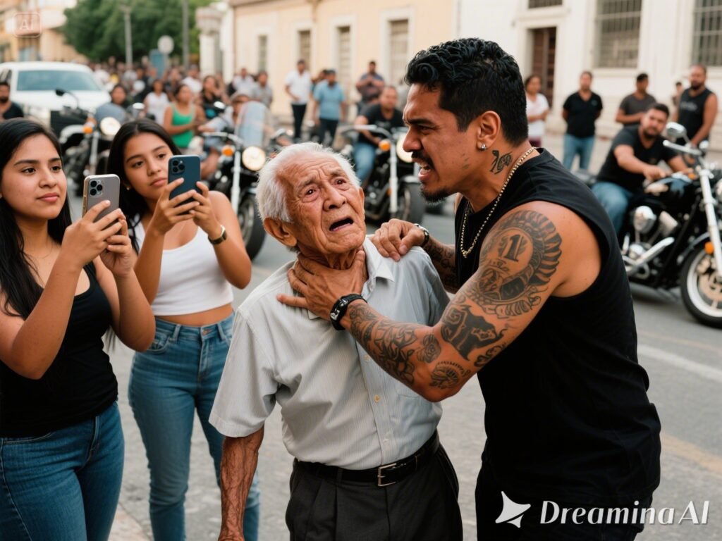 Hombre tatuado interactuando con anciano.