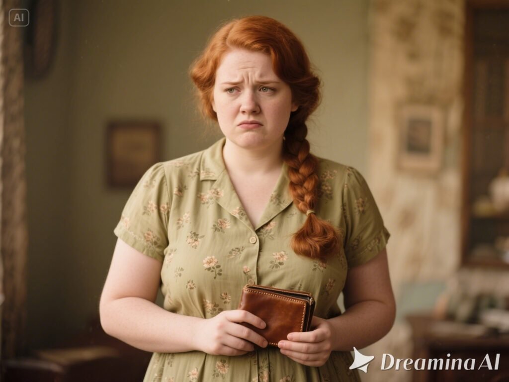 Mujer con vestido verde y cartera.