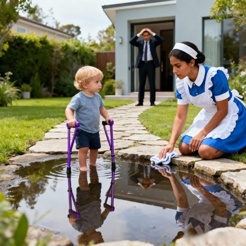 Niño juega en charco, mujer observa.