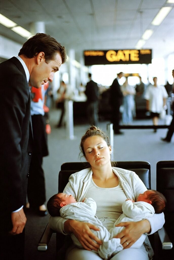 Mujer con gemelos en aeropuerto.