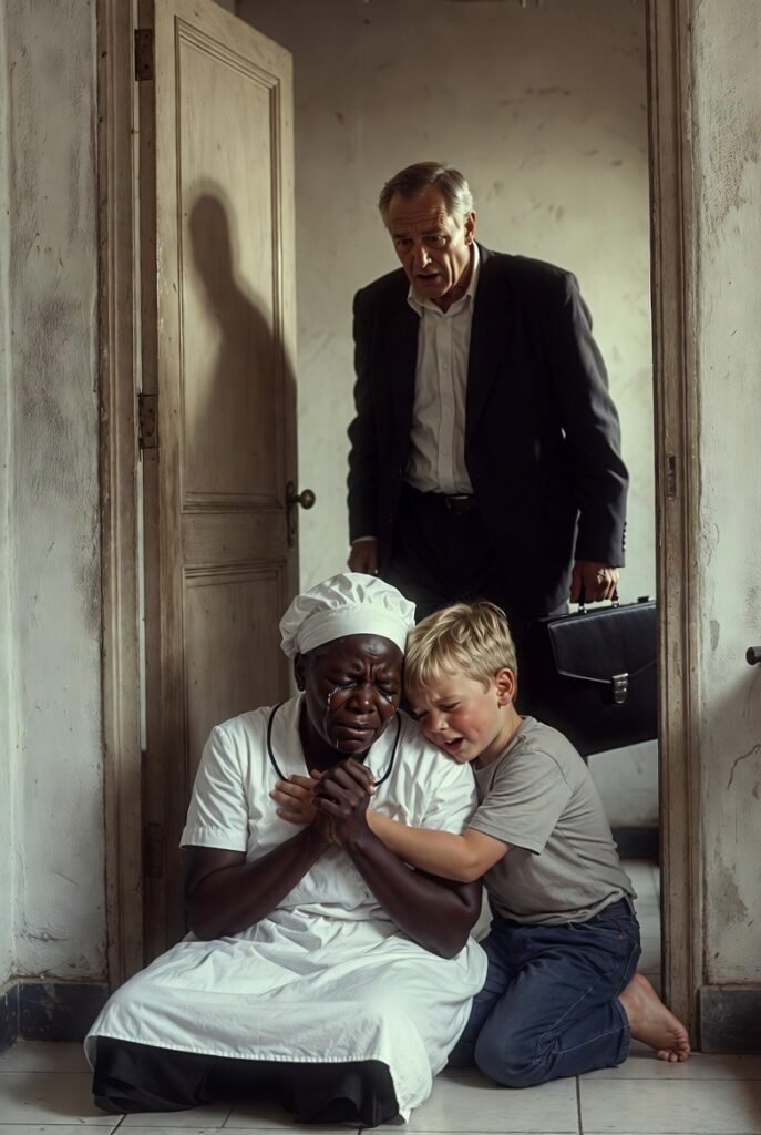 Mujer triste con niño en casa.