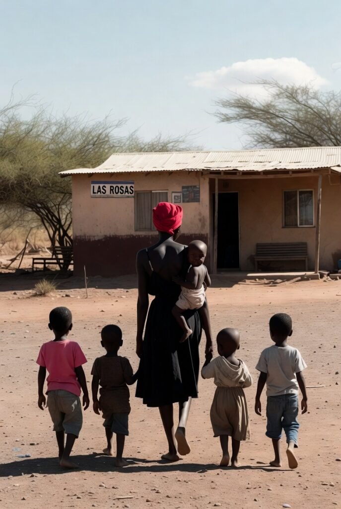 Mujer con niños en el campo.