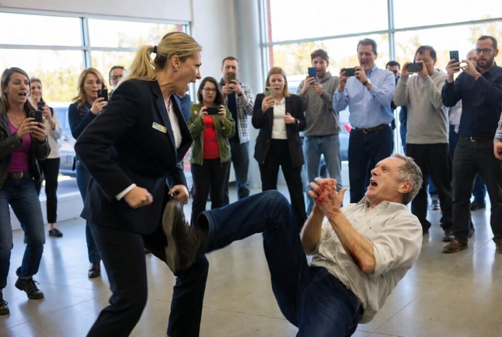 Mujer en defensa personal, público observa.