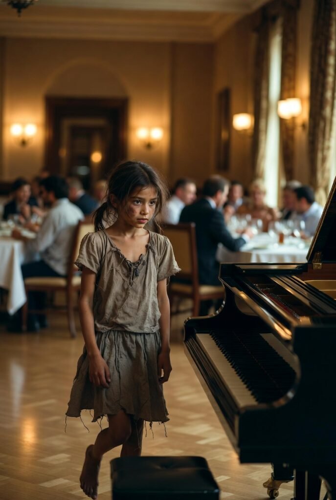 Niña cerca de un piano elegante.