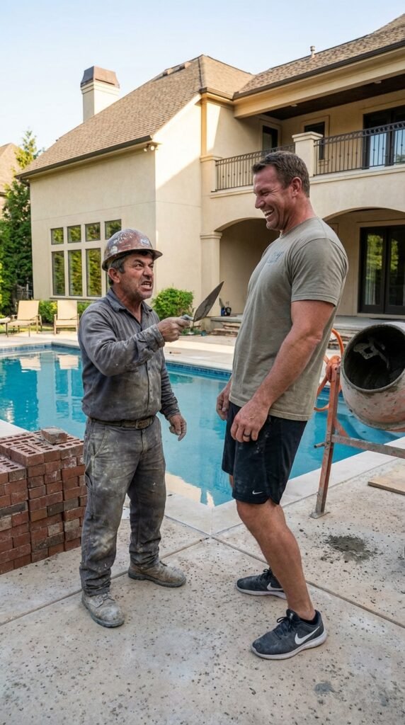 Hombre con herramientas junto a piscina