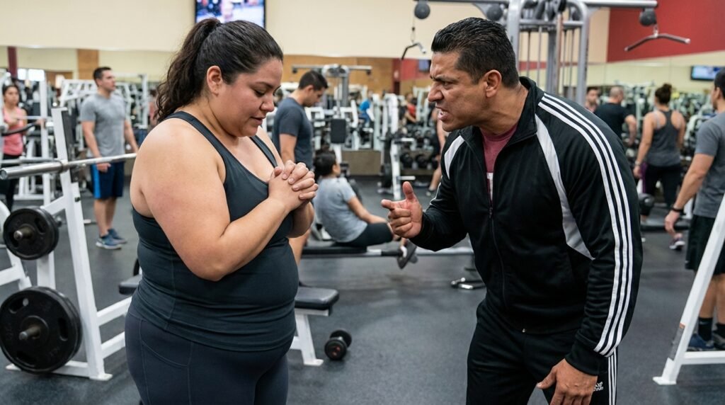 Entrenador hablando con mujer en gimnasio