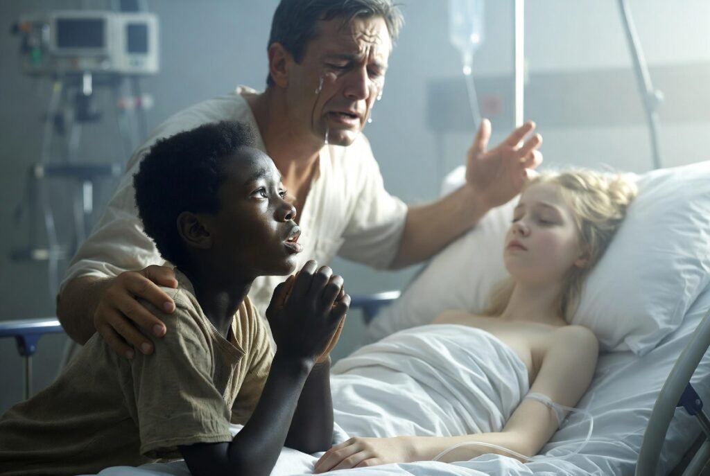 Niño junto a paciente en cama.