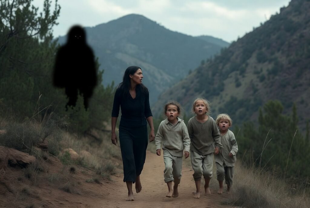 Mujer y niños caminando juntos.