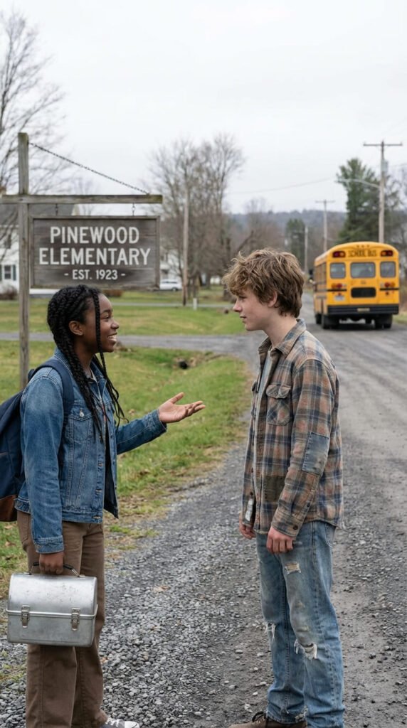 Niños conversando cerca de una escuela.