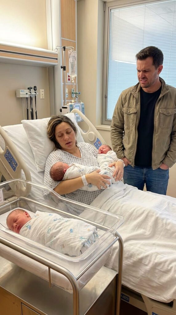 Familia con gemelos en hospital.