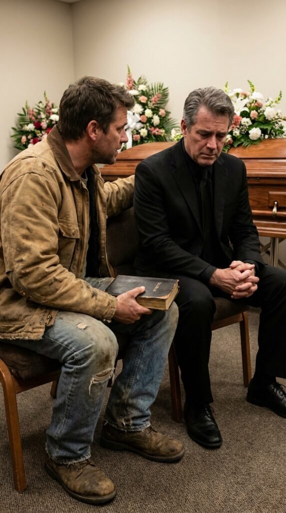 Dos hombres conversan en un funeral.