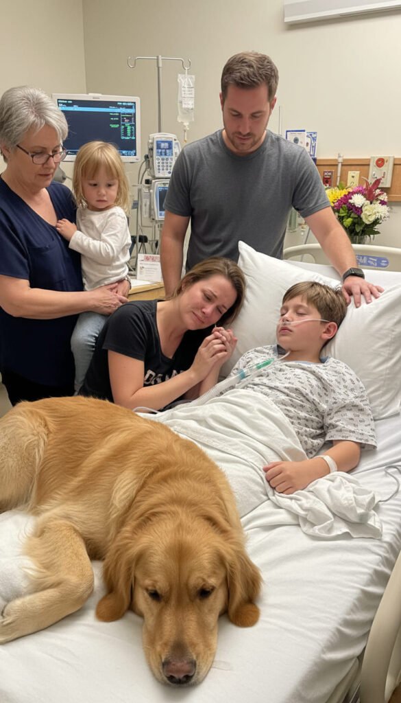 Familia y perro en hospital.