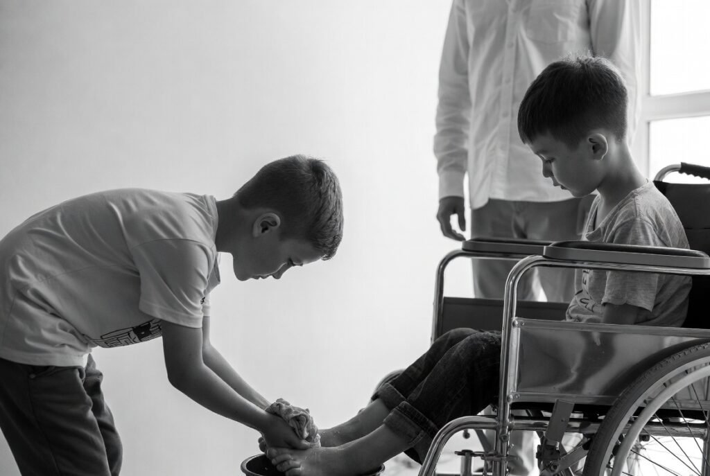 Niño ayuda a otro en silla.