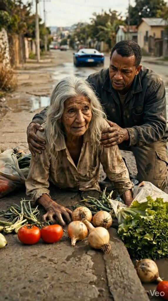 Persona en la calle con verduras.