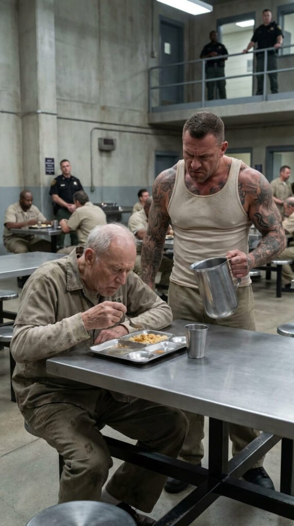 Hombre mayor comiendo en prisión.