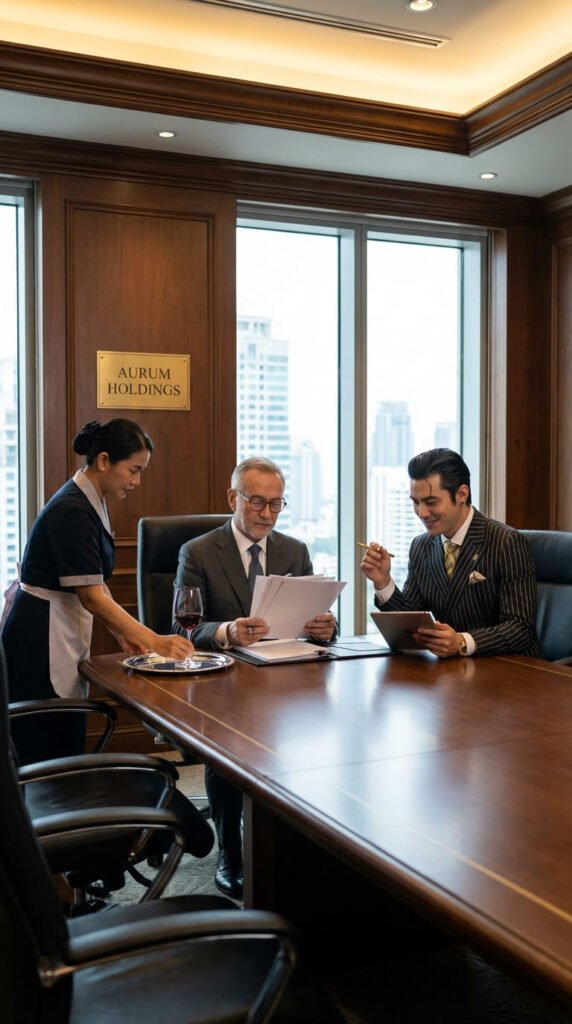 Reunión de negocios en oficina elegante.