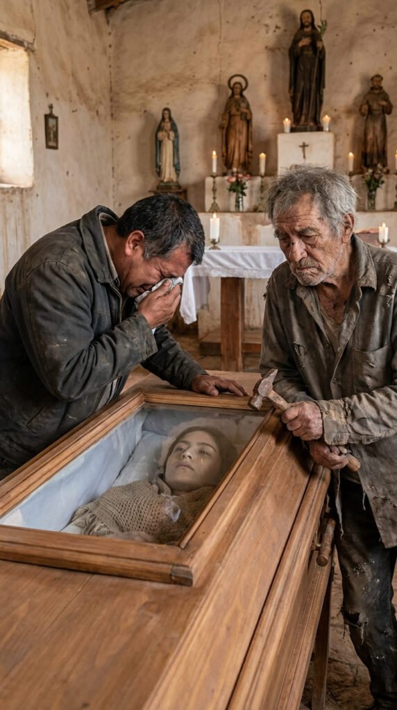 Hombre llorando junto a un ataúd.