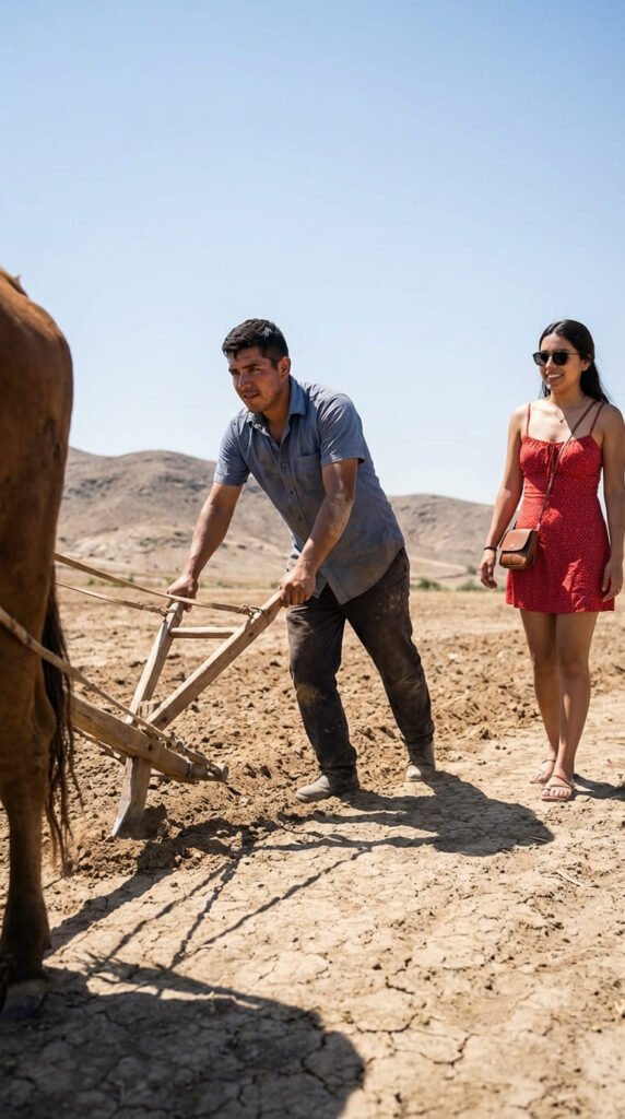 Hombre arando con caballo, mujer observa.