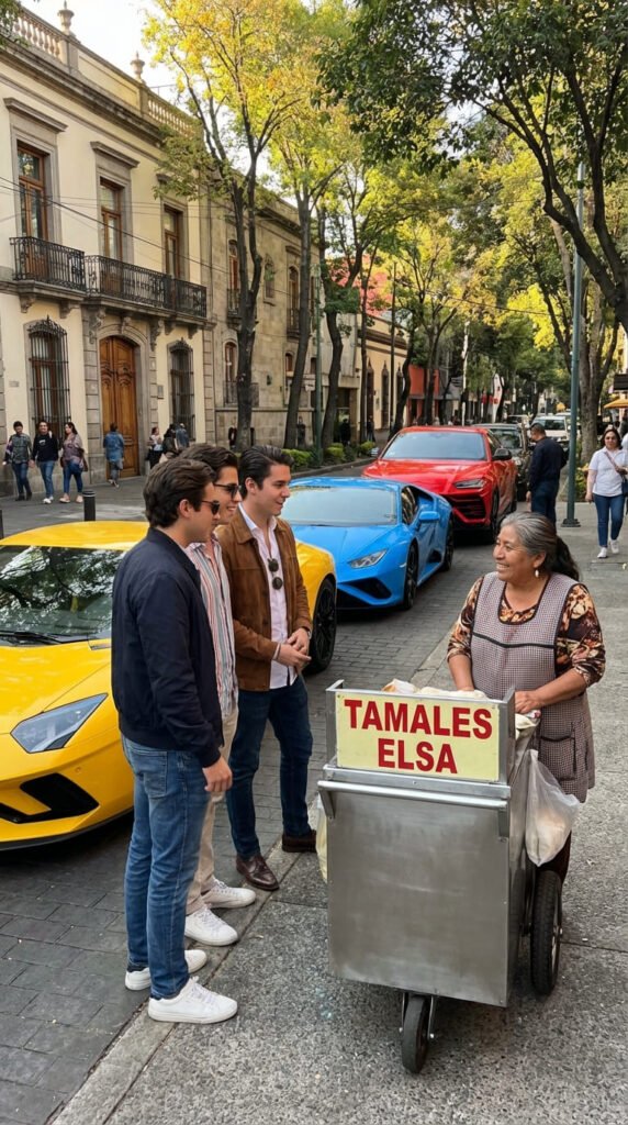 Hombres comprando tamales en la calle.