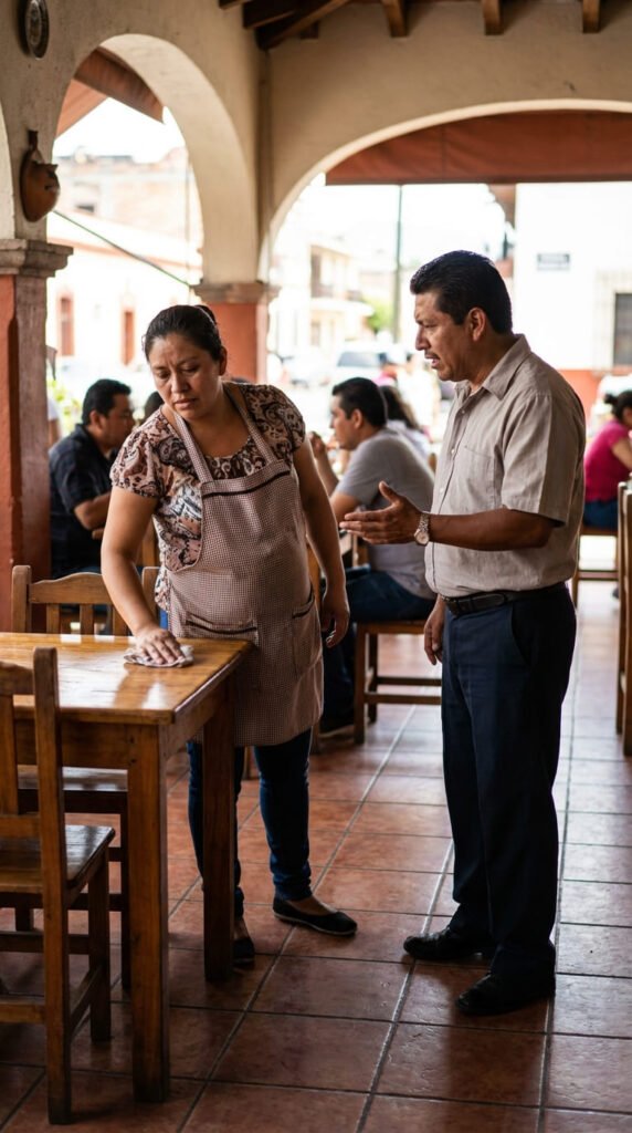 Mujer limpiando mesa en restaurante.