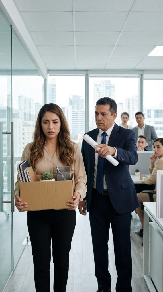 Mujer con caja, hombre señalando.