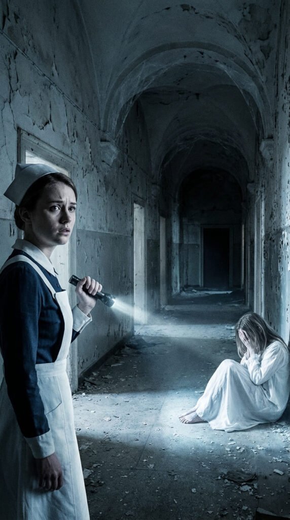 Mujer con linterna en pasillo oscuro.