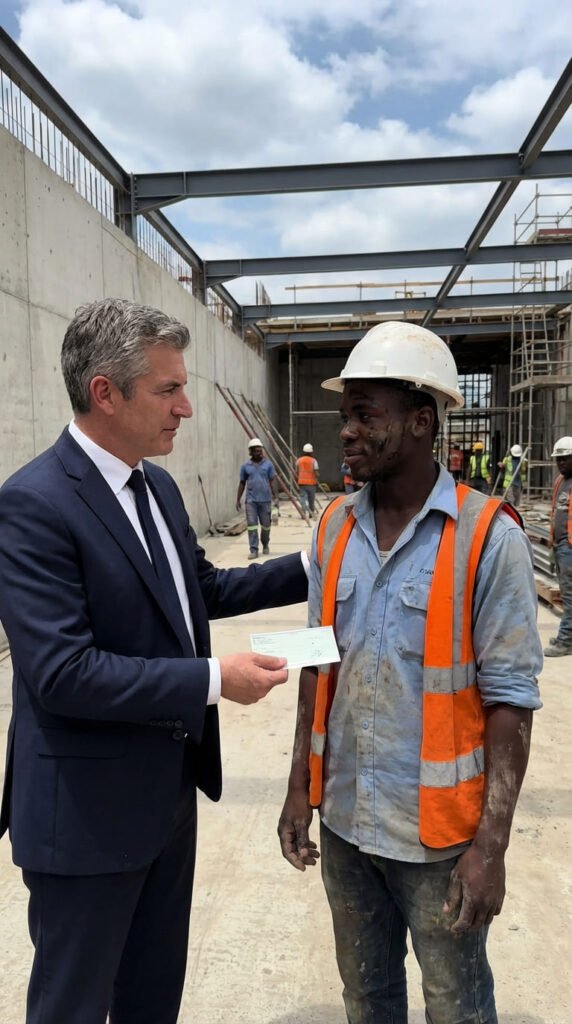 Hombre entrega cheque a trabajador
